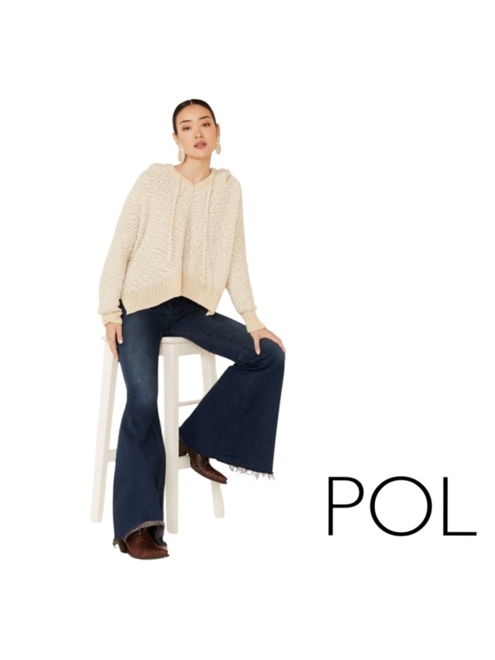 POL Nubby Chenille Popcorn Cropped Hi Low Hem Hoodie Beige Sweater Women Large